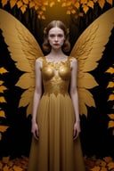 (Cinematic Photo:1.3) of (Ultra detailed:1.3) a woman in a golden dress is standing with wings in the background, in the style of patty maher, richard phillips, detailed foliage, symmetrical compositions, bright and bold color palette, petrina hicks, halloween,Highly Detailed
,<lora:659095807385103906:1.0>