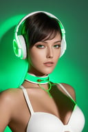  fashion editorial style, Hyperrealistic photography, Best quality,realistic,photorealistic,masterpiece,Hyperfine skin details, pores, 

supermodel\(hubggirl)\, portrait of a beautiful hubggirl, luminism, golden lines,
beautiful 21yo girl, extreme detailed, bodysuit, gloves, belt, respirator, looking at viewer,
green gaming theme, glowing effects, short hair, green, Neon collars, neon headphones, poisonous green:1.2, perfect lighting, vibrant colors, intricate details, high detailed skin,