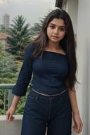 1girl, Kerala beautiful women 18 years old, solo, long hair, brown hair, shirt, t  shaped navel, outdoors, pants, sandals, denim, jeans,  photo background,Tamil girl