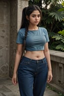 1girl, Kerala beautiful women 18 years old, solo, long hair, brown hair, shirt, t  shaped navel, outdoors, pants, sandals, denim, jeans,  photo background,18 year old,  twin tail ponytail:2, braided hairThis breathtaking photograph, shot on a Canon 1DX with a 50 mm f/2.8 lens, beautifully showcases the raw and authentic beauty of life. high resolution 8k image quality,Hourglass figure,30 year old women