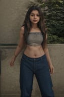 1girl, Kerala beautiful women 18 years old, solo, long hair, brown hair, shirt, t  shaped navel, outdoors, pants, sandals, denim, jeans,  photo background,Tamil girl