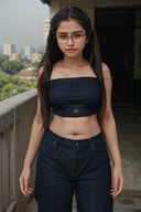 1girl, Kerala beautiful women 18 years old, solo, long hair, brown hair, shirt, t  shaped navel, outdoors, pants, sandals, denim, jeans,  photo background,18 year old, big eye glasses, twin tail ponytail:2, braided hairThis breathtaking photograph, shot on a Canon 1DX with a 50 mm f/2.8 lens, beautifully showcases the raw and authentic beauty of life. high resolution 8k image quality,