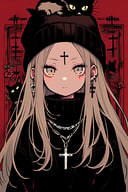 dal-8, 1girl, solo, long hair, looking at viewer, hat, closed mouth, jewelry, brown eyes, upper body, white hair, grey hair, earrings, necklace, sweater, black shirt, grey eyes, black headwear, turtleneck, facial mark, cat, cross, forehead mark, black sweater, black cat, cross necklace, cross earrings, latin cross, inverted cross
