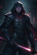 (score_9, score_8_up, score_7_up), solo, looking at viewer, 1boy, holding, standing, weapon, male focus, purple eyes, holding weapon, armor, torn clothes, glowing, holding sword, katana, science fiction, sheathed, shoulder armor, gauntlets, glowing eyes, cloak, hood up, pauldrons, cyborg skull, fantasy, glowing eye, cyborg, glowing weapon, undead, 1990s \(style\), dim lighting, blurry background, vintage, noir, manga,