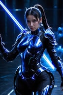 front view of one girl with black ponytail hair wearing black sci-fi body armor, holding two glowing blue swords downwards with both hands, dynamic poses, dark background, particle effects, highly detailed, ultra-high resolutions, 32K UHD, best quality, masterpiece,