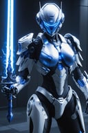 (ultra realistic,best quality),photorealistic,Extremely Realistic, in depth, cinematic light,mecha\(hubggirl)\,

a white female robot soldier, holding a glowing blue sword downwards, 

dynamic poses, particle effects, 
perfect hands, perfect lighting, vibrant colors, 
intricate details, high detailed skin, 
intricate background, realism, realistic, raw, analog, taken by Canon EOS,SIGMA Art Lens 35mm F1.4,ISO 200 Shutter Speed 2000,Vivid picture,