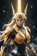 (ultra realistic,best quality),photorealistic,Extremely Realistic, in depth, cinematic light,mecha\(hubggirl)\,

front view of a white and yellow female robot soldier, holding a glowing yellow sword downwards with both hands, 

dynamic poses, particle effects, 
perfect hands, perfect lighting, vibrant colors, 
intricate details, high detailed skin, 
intricate background, realism, realistic, raw, analog, taken by Canon EOS,SIGMA Art Lens 35mm F1.4,ISO 200 Shutter Speed 2000,Vivid picture,