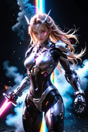 masterpiece, best quality, ultra-detailed, best shadow, detailed background,dark fantasy, mecha\(hubggirl)\,

one girl wearing silver and black sci-fi body armor, holding a glowing gradient rainbow-colored sword,

dynamic poses, particle effects, perfect hands,
beautiful detailed face, high contrast, best illumination, an extremely delicate and beautiful, 
cinematic light, colorful, hyper detail, dramatic light, intricate details, 
