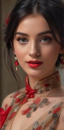 1girl, solo, looking at viewer, smile, black hair, hair ornament, dress, brown eyes, jewelry, upper body, earrings, teeth, nudes, floral print, , freckles, realistic, red lips,large-eyed 