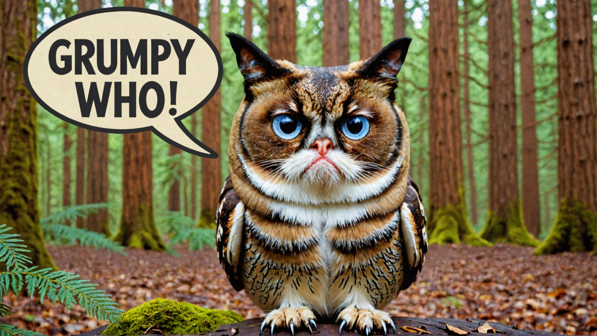 Photo of owl grumpy cat in forest with a text bubble that says "grumpy who"