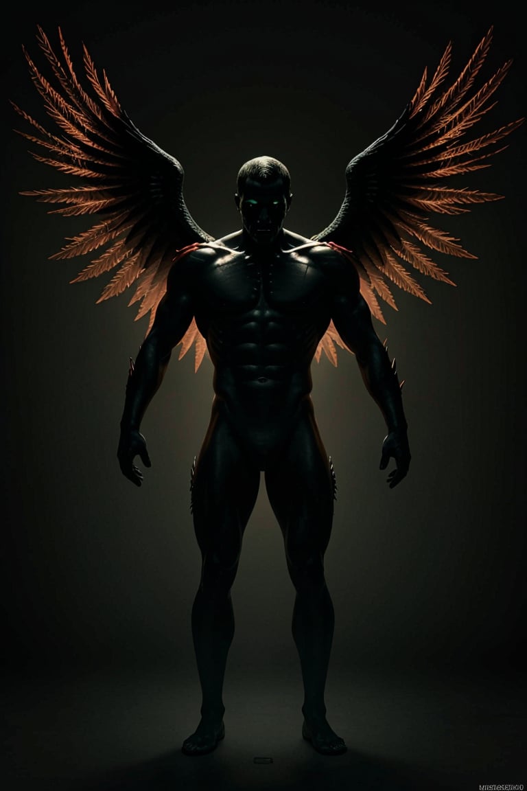 (best quality, 4k, 8k, highres, masterpiece:1.2), ultra-detailed, (realistic, photorealistic, photo-realistic:1.37), illustration, dark silhouette of a rotten archangel man, ghostly figure, neon lights, light particles, colorful, red, black colors, strong backlighting