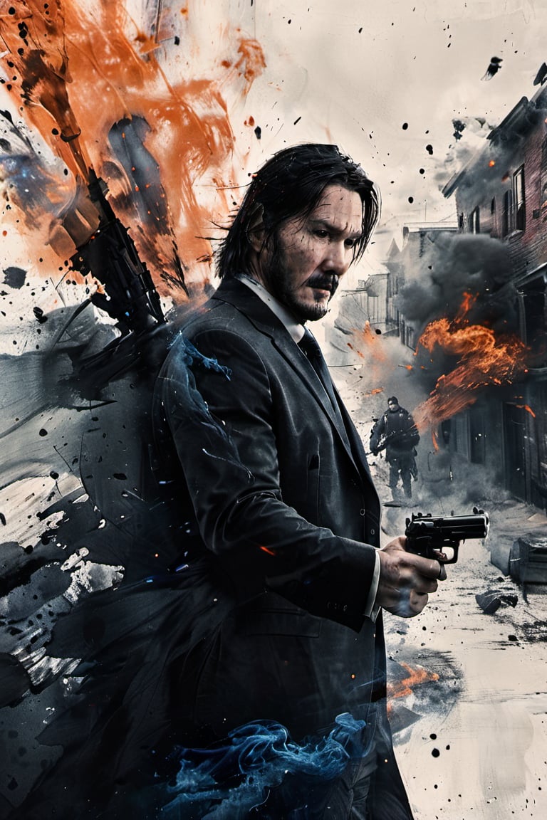 John Wick pointing a pistol to the viewer, movie poster, (cinematic shot, film grain:1.1), depth focus, bokeh, ink, ink smoke,ink,smoke,ink smoke,ink smoke background