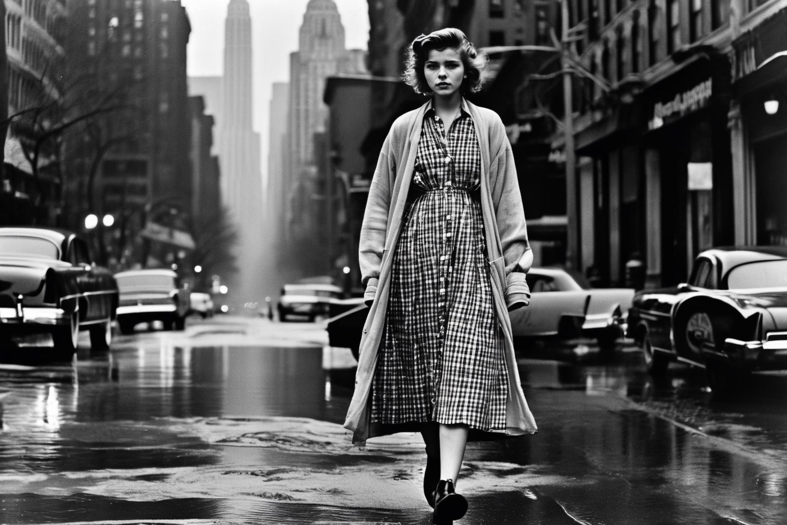 Vintage analog, grainy B & W Photo of a 19yo short girl wearing a plaid shirtwaist dress, long cardigan, walking on wet pavement. New York City. Style by J.C. Leyendecker. Canon 5d Mark 4, Kodak Ektar