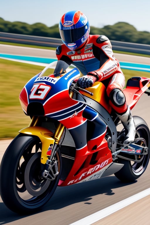 MotoGP track racer with 
speed control winglets on fairing of motorcycle racer, racer leaning forward grabbing handlebars, knee bent, detailed high quality speed slide, highres, detailed design, photorealistic racing helmet, detailed motorcycle on same track following, sunny day 