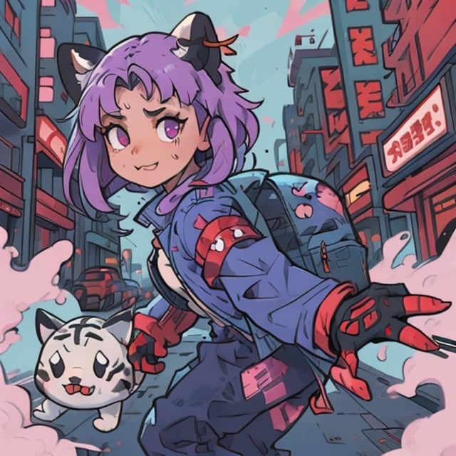 kawaii,mater piece, beautiful girl in an abandoned zombie filled city, red_panda, paw_gloves, Fur_boots, animal_marking, face_paint, chocolate_hair, violet_eyes, furry_jacket,yofukashi background, zombies,hinata,1990s \(style\),kusanagi motoko,city,chundef, action_pose, battle_stance, back_pack,running,teenage , ripped_clothing, bloody_clothes, sweatpants,Circle,vectorstyle, happy_face, hungry,cammy sf6