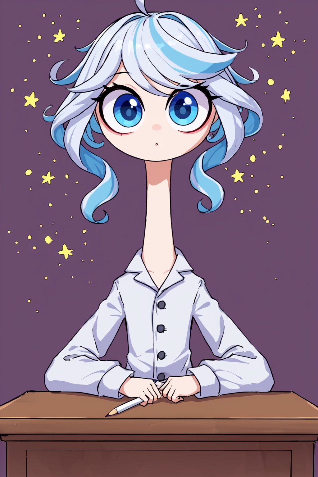 furina, looking at the viewer, :p, sitting at the desk, writing, white pajamas, (big eyes : 1.3), long neck, flat colours, simple background, colourful, 2d, rough outlines, sketch, particles, stars