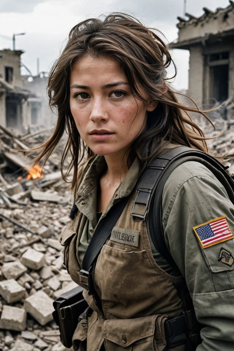 A strikingly beautiful yet hardened photojournalist, her delicate features framed by windswept locks escaping her helmet. Though smudged with dust and grime, her piercing eyes burn with determination behind the camera lens. Her protective vest and fatigues cannot conceal her lithe, feminine figure as she crouches in the rubble.
All around explosive chaos erupts - soldiers charging through clouds of smoke, buildings ablaze, civilians fleeing in terror. But she remains steadfastly focused, fearlessly documenting the brutal reality. Use dramatic lighting, vivid colors, and a sense of frenetic motion to convey the juxtaposition of her beauty among the ugliness of war. Incorporate iconic scenes like the raising of a flag over conquered territory or a young child's face streaked with tears.
, photorealistic:1.3, best quality, masterpiece,MikieHara,
