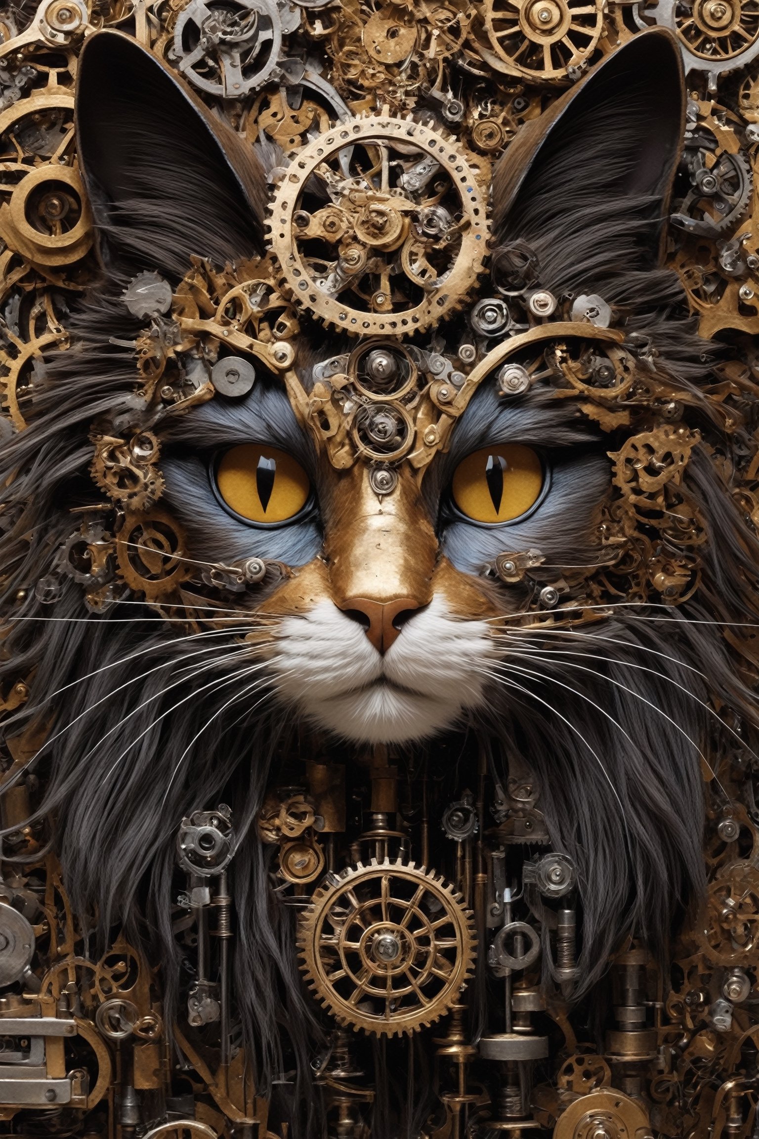 assembly art,A long-haired cat's face drawn with complex and innovative assembly art, a face constructed from steampunk items, beads and gears.