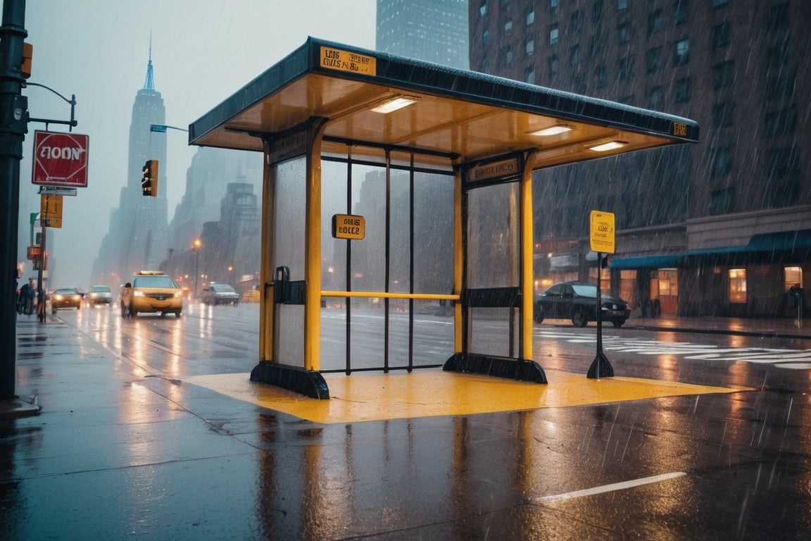 Cinematic photo of New York bus stop under the rain. Professional photo, UHD, 8K, detailed photo, masterpiece, great composition, best quality, contrasted
