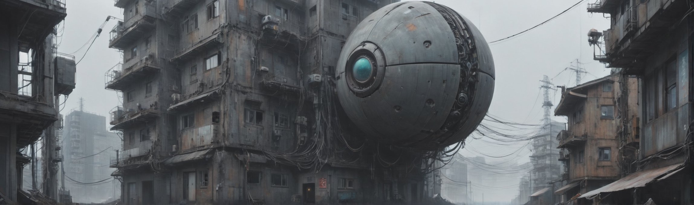 It generates a high-quality cinematic image by Simon Stålenhag, (panoramic view), sci-fi landscape, extreme details, ultra definition, extreme realism, high-quality lighting.

The viewer finds a small strange spherical high-tech artifact that crashed in a distopic cyberpunk downtown neighborhood, the doomsday has started, some intrincate detailed sci-fi futuristic buildings was built over the old buildings of a Japanese downtown neighborhood, from below.

(great composition), (aureal composition), (great art).
(scifi high tech), (mechanical aesthetic), (circuits in the walls), (High Tension Power Lines), (distopic future), (rust and decay), (mysterious alien's spaceships appear in the distance), (heavy machinery), (cyberpunk adjuncts), (wires and cables), (wind), (fog), (rich of depth).

(cinematic), (monochrome), (masterpiece), (8k), (best quality), (great artist), (realistic), (photo realistic), (fine details), (intrincate detailed), (muted colors)