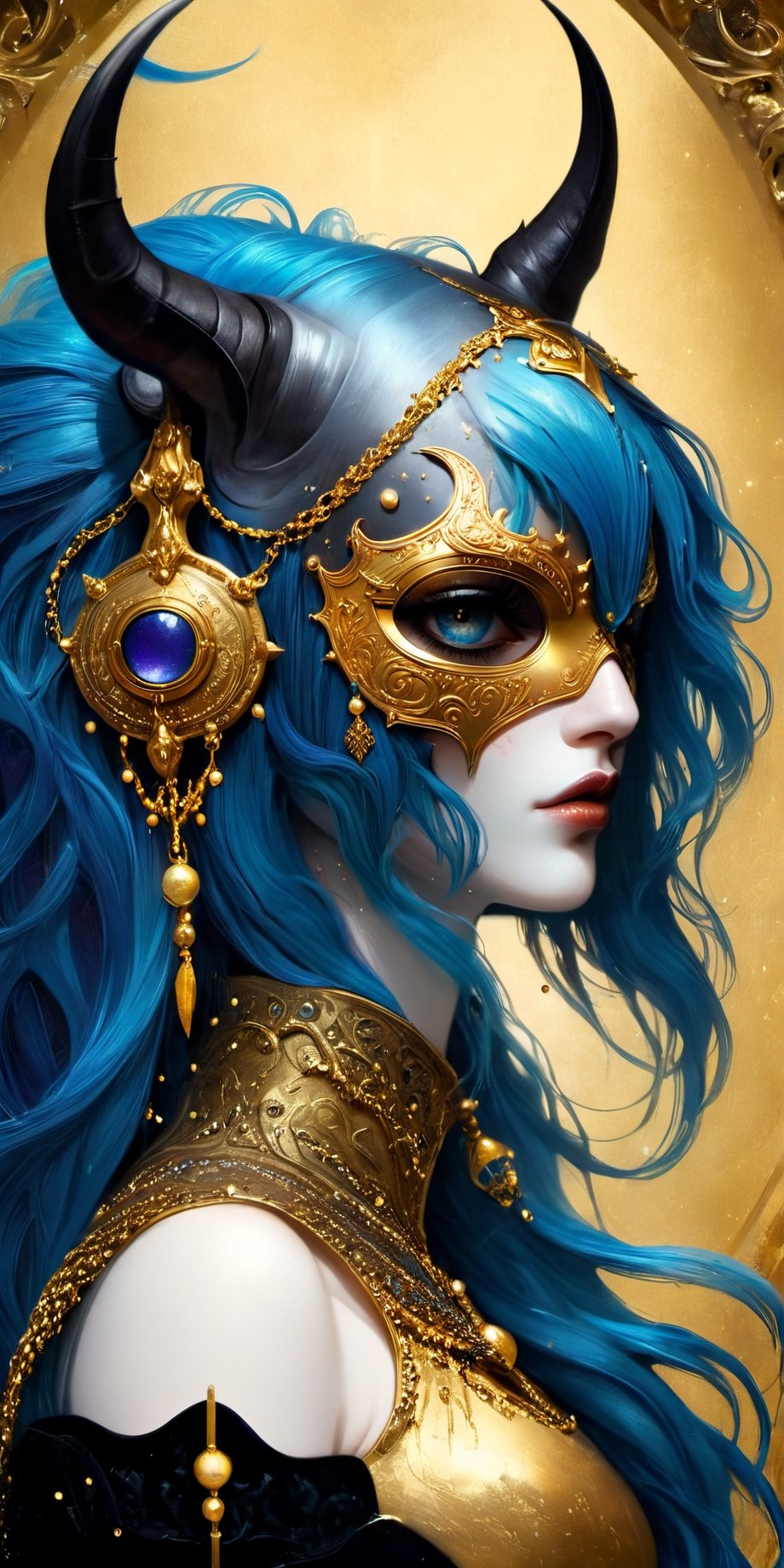 ((bejeweled full metal helmet covering eyes, covering head)). a warrior woman with blue hair wearing a gold warrior helm with an eyeless mask, covered eyes, profile view, inspired by Hedi Xandt, by gerald brom, todd lockwood and carne griffiths, rococo, hauntingly beautiful illustration, gothic fantasy, (copper goat skulls, photo of a hand jewellery model, intricate latex set, golden taurus, pearls and chains, singularity sculpted ー etsy, baphomet, inlaid with gold rococo:0.7), bokeh bioluminescent background, textured gold leaf and abstract lines in bg, ,portraitart,art_booster,Decora_SWstyle