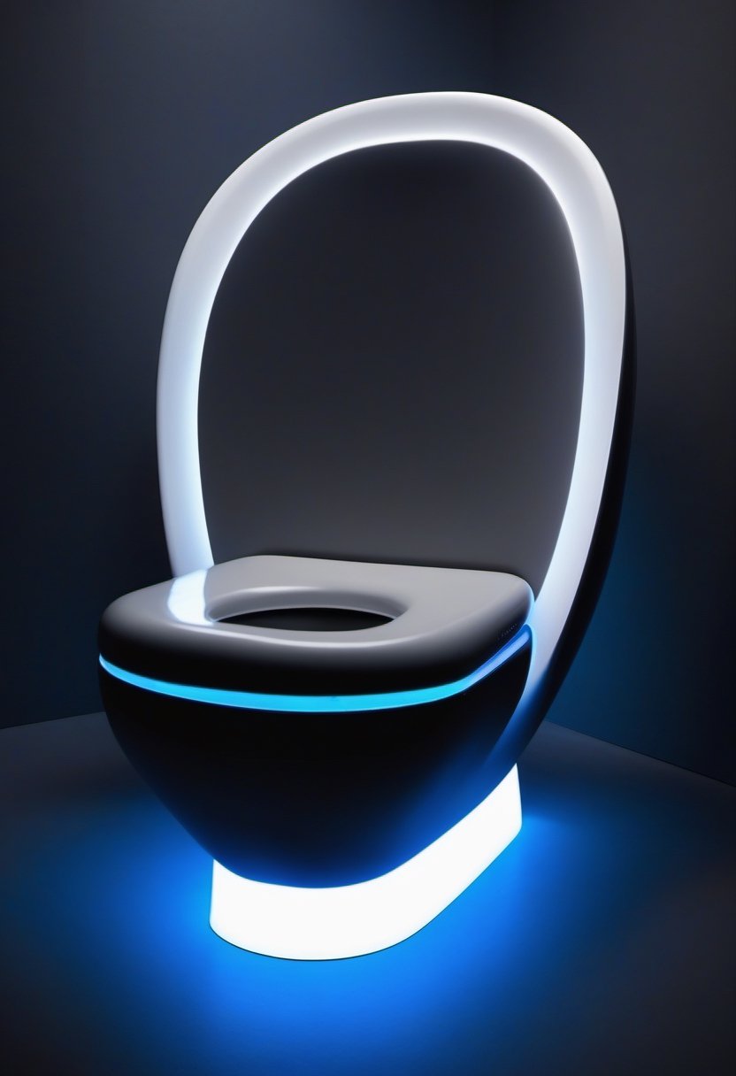 Photo of iToilet seat, made by Apple, Big Apple Logo on the back, in a dark room, blue LED backlight 
