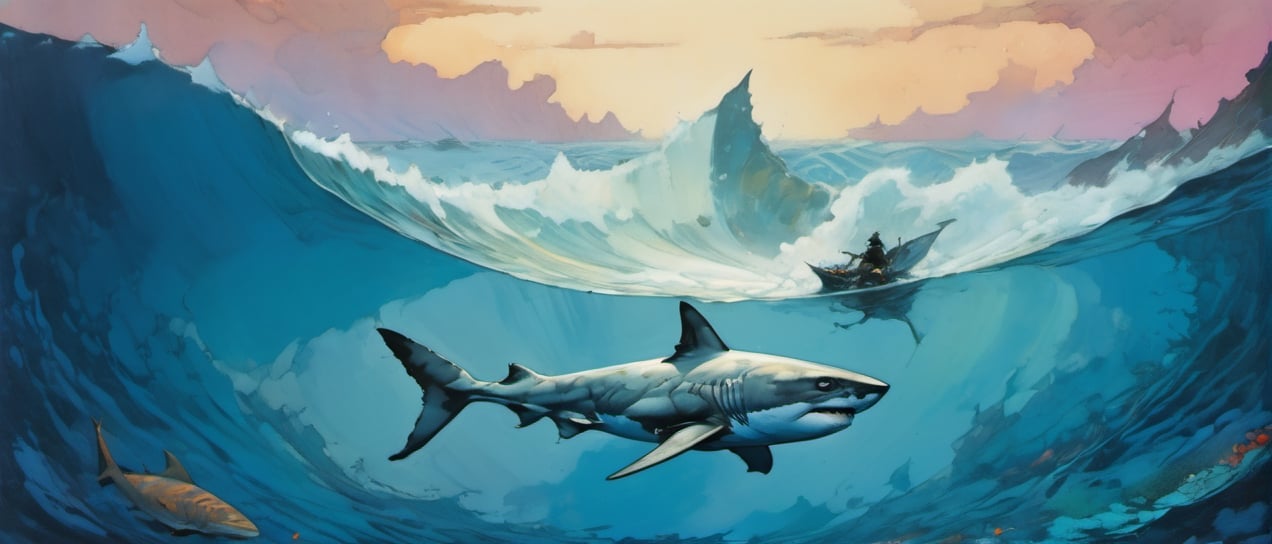 clear blue water,a great white shark swimming menacingly through the water, dramatic sky, art by TavitaNiko, art by mel odom, art by Klimt , art by frazetta,  ,action shot
