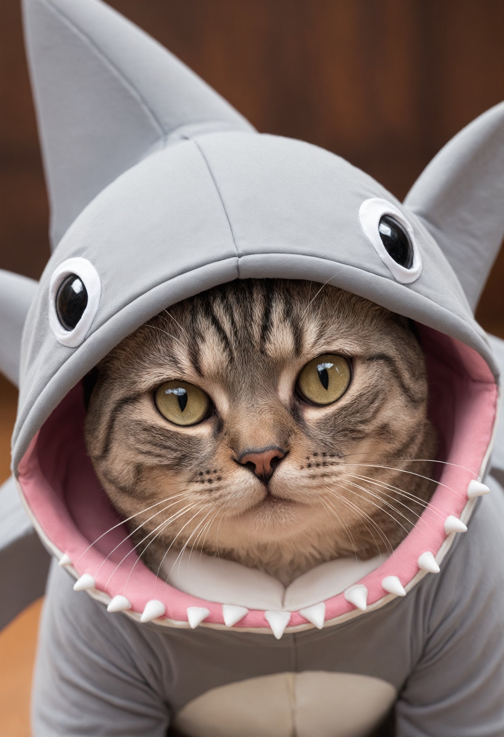 closeup photo of a cat in a cute shark costume
