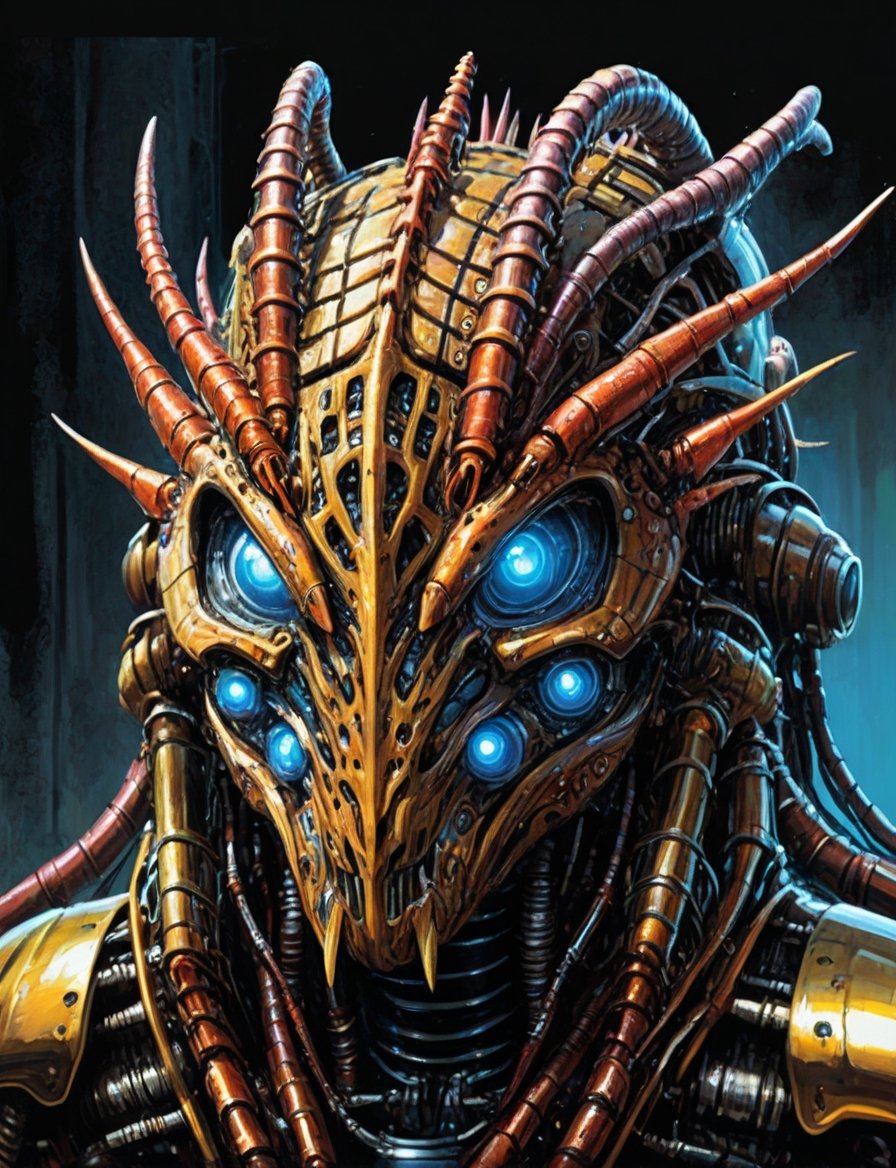 (head and shoulders portrait:1.4), (cybernetic organism:1.2),  armored cybernetic centipede with glowing eyes, (2d:1.4), ink (medium), 2D illustration,  detailed  painting, epic comic book art, intricate and intense oil paint, dark sci-fi background, (art by James Gurney and John Berkey :1.4), symmetrical features, triadic color scheme, muted colors, detailed
