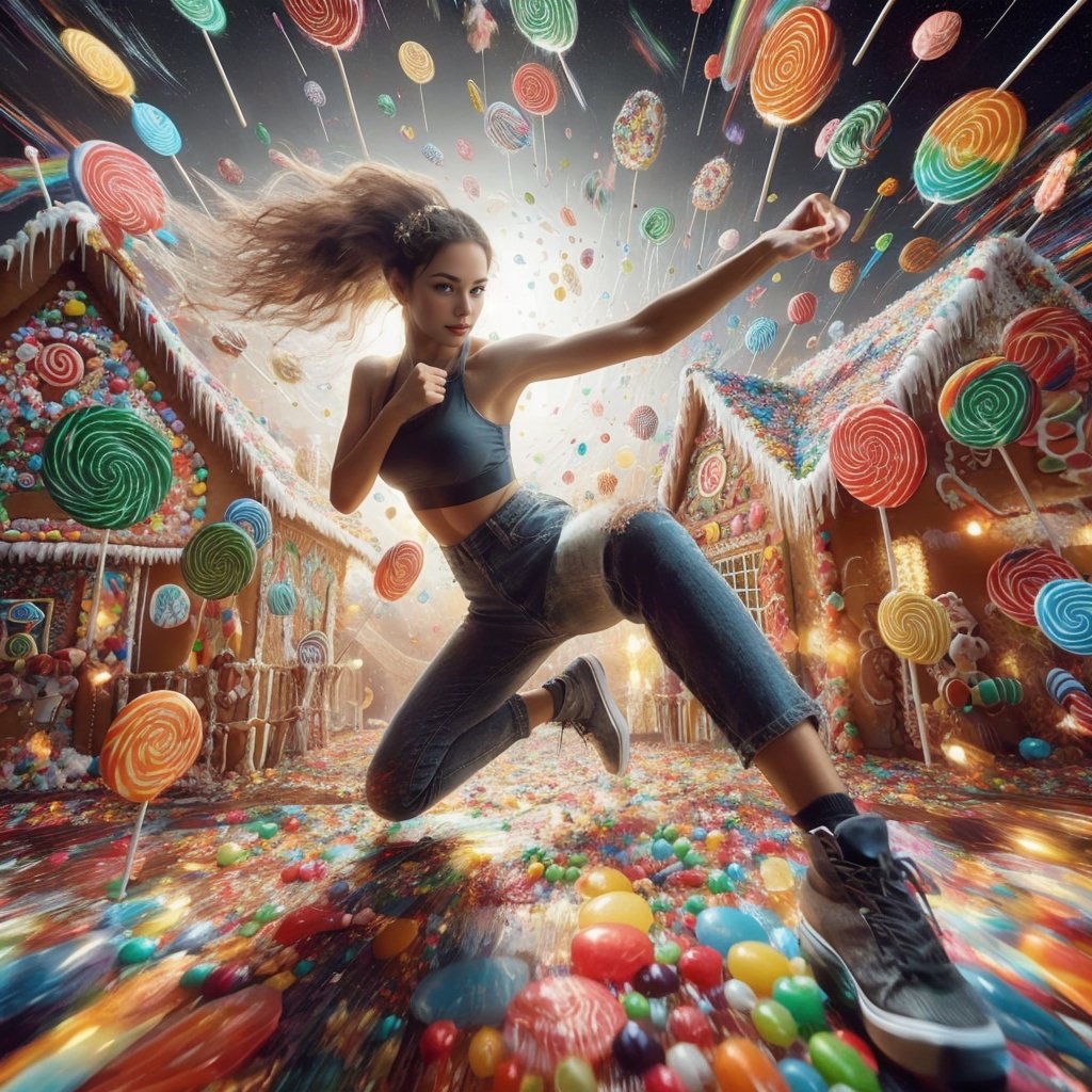 Realistic 8K resolution of multiple exposure photography featuring colorful lollipops floating in the air with extreme motion blur and twisted speed lines, a fashionable girl, depicted in a full-body dynamic fighting stance. displaying exaggerated posture and movement, in candy world at gingerbread house. 
break, 
1 girl, Exquisitely perfect symmetric very gorgeous face, perfect breasts, Exquisite delicate crystal clear skin, Detailed beautiful delicate eyes, perfect slim body shape, slender and beautiful fingers, nice hands, perfect hands, perfect pussy, illuminated by vivid colors theme, film grain, realistic skin, dramatic lighting, soft lighting, exaggerated perspective of fisheye lens depth, 