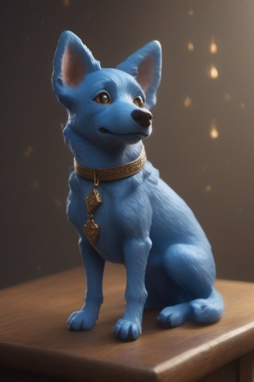 photo r3al, masterpiece, best quality, ultra realistic, cute little friendly blue dog mascot, on a table, warm lighting, clothed like a traveling merchant, Spirit Fox Pendant, ColorART, simple, minimalistic