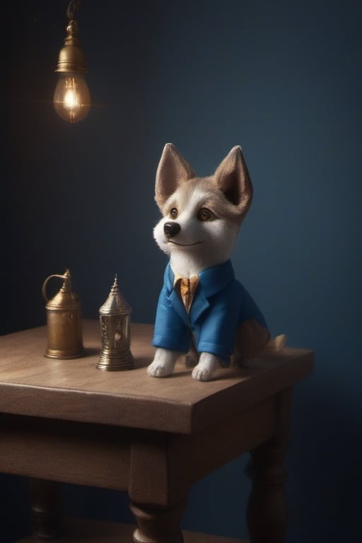 photo r3al, masterpiece, best quality, ultra realistic, cute little friendly blue dog mascot, on a table, warm lighting, clothed like a traveling merchant, Spirit Fox Pendant, ColorART, simple, minimalistic