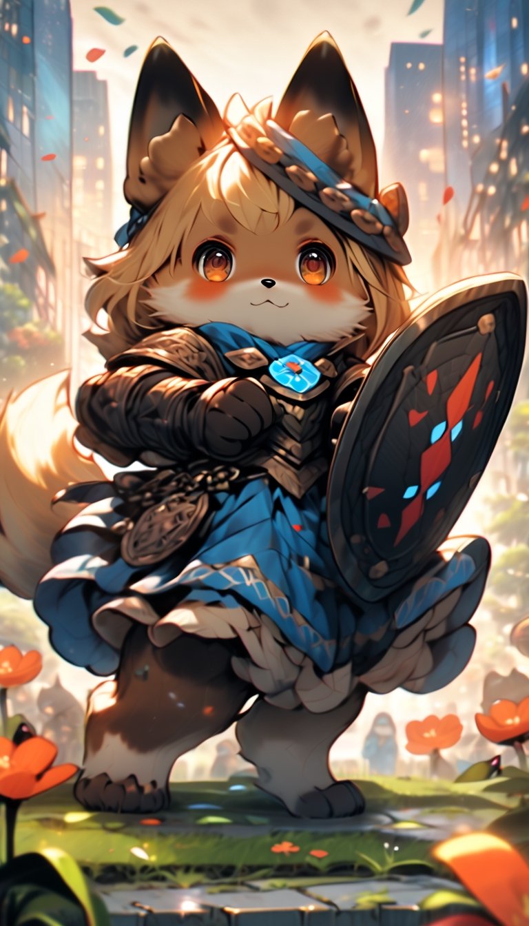 1girl,solo,dog ears,french braid,blonde hair,detailed and gradient brown eyes,(flower knight:1.2),(ainu:1.1),shield,sword,fighting stance,
BREAK
outdoors,spring flower garden,night,(cybercity:1.3),magnificent view,overlooking,
BREAK
masterpiece,best quality,ultra detailed,highres,absurdres,illustration,cute,kawaii,perfect arrangement,(brave:1.3),(gallant:1.3),furry,knight