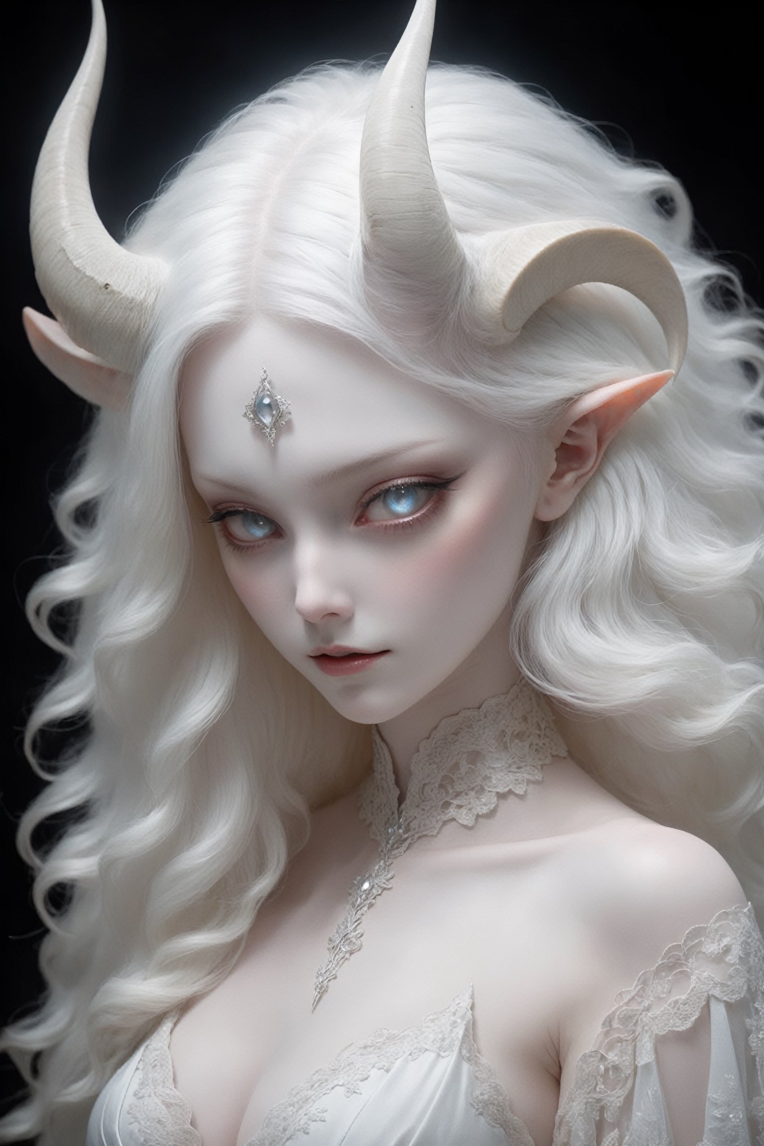 (upper body), (long intricate horns:1.2), sensual albino demon girl with enchantingly beautiful, alabaster skin, thinking, thoughtful, A benevolent smile, girl has beautiful deep eyes, soft expression, Depth and Dimension in the Pupils, {{{naked breasts}}}, Her porcelain-like white skin reflects an almost celestial glow, highlighting her ethereal nature, Every detail of her divine lace costume is meticulously crafted, adorned with jewels that sparkle with a divine radiance, mysterious smoky background, an aura of supernatural allure, ornate jewels, mesmerizing dance of light that enhances her divine presence, moonlit garden, mystical realm, the scene Illuminated  with soft enchanting light to accentuate the magical and mysterious atmosphere, goth person, realistic, Wonder of Art and Beauty, ghost person,ghost person,F41Arm0rXL ,DonMM4g1cXL 