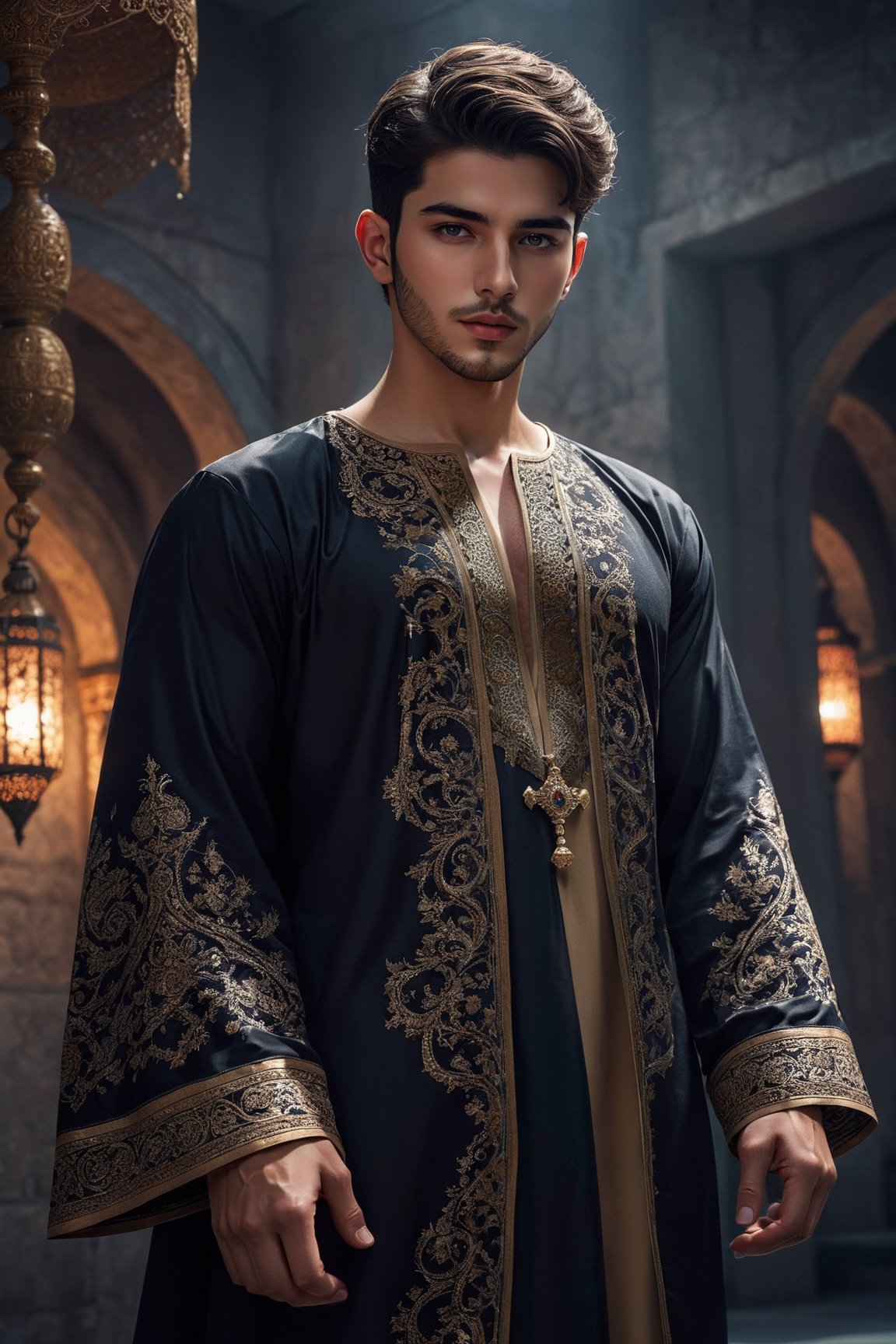 anime style,21 years old  man wearing a black luxurious Middle Eastern thobe, His eyes revealed a look of wisdom and compassion, and he exuded the aura of mystery and sainthood, in a place full of mystical atmosphere,Depth and Dimension in the Pupils,So beautiful eyes,(beard:1.5),
Envision the thobe with intricate details, featuring opulent embroidery, rich fabrics, and elaborate patterns, Picture the boy adorned in a palette of vibrant colors, reflecting the elegance and craftsmanship of traditional Middle Eastern attire. Optimize for a visually captivating composition that highlights the exquisite design of the thobe, creating a scene that celebrates the beauty of cultural richness,Anime ,Dwarven City