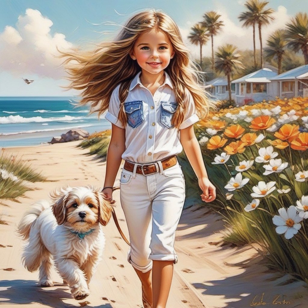 long haired LITTLE girl in BOHO STYLE white jeans and loose fitting white polo walking in the spring time beach with a cute puppy, little birds on the sky. Modifiers: Bob peak ART STYLE, Coby Whitmore ART style, fashion magazine illustration,perfecteyes, 1 cute little girl