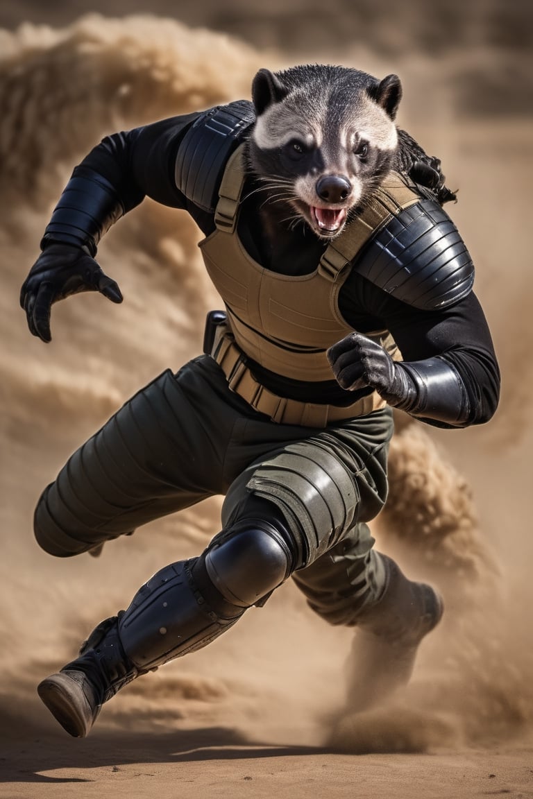 anthro (honey badger:1.1) | 
wearing military combat wear | war setting | perfect symmetry, fine detail, 
Running,
Motion photography,
Weapon,
((M16)) ,
intricate, stunning, highly detailed, 
sharp focus, magical atmosphere, 
novel, fantastic, 
epic, cinematic, 
directed, full color, best, light,action shot