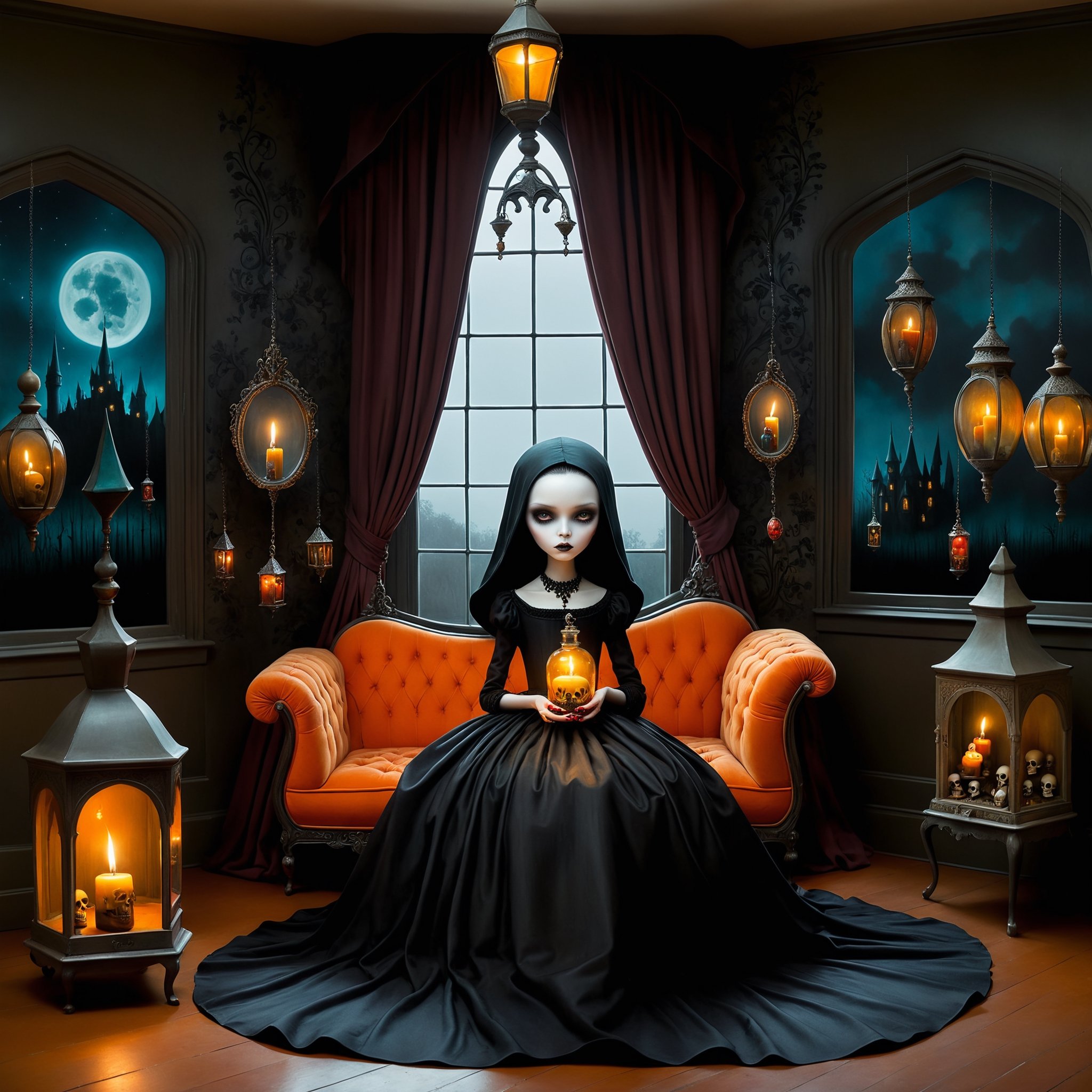 Cinematic shot, long shot, a gothic small girl in her gothic room casting spells, in the style Nicoletta Ceccoli, Mark Ryden and Esao Andrews. minimalist style. a detailed elaborate gothic bedroom with william morris gothic scary wallpaper, velvet curtains, cluttered with creepy cat, monster ghost paintings, dolls, colorful potion bottles, magic circle on floor, ancient leather spellbooks, candelabra, skulls, witch brooms, healing crystals. creepy cat. night time. dark outside. full moon visible through large window. (((perfect female hands))) (((perfect fingers))) (((manicured painted long fingernails))), in the style of esao andrews, Nicoletta Ceccoli, REALISTIC