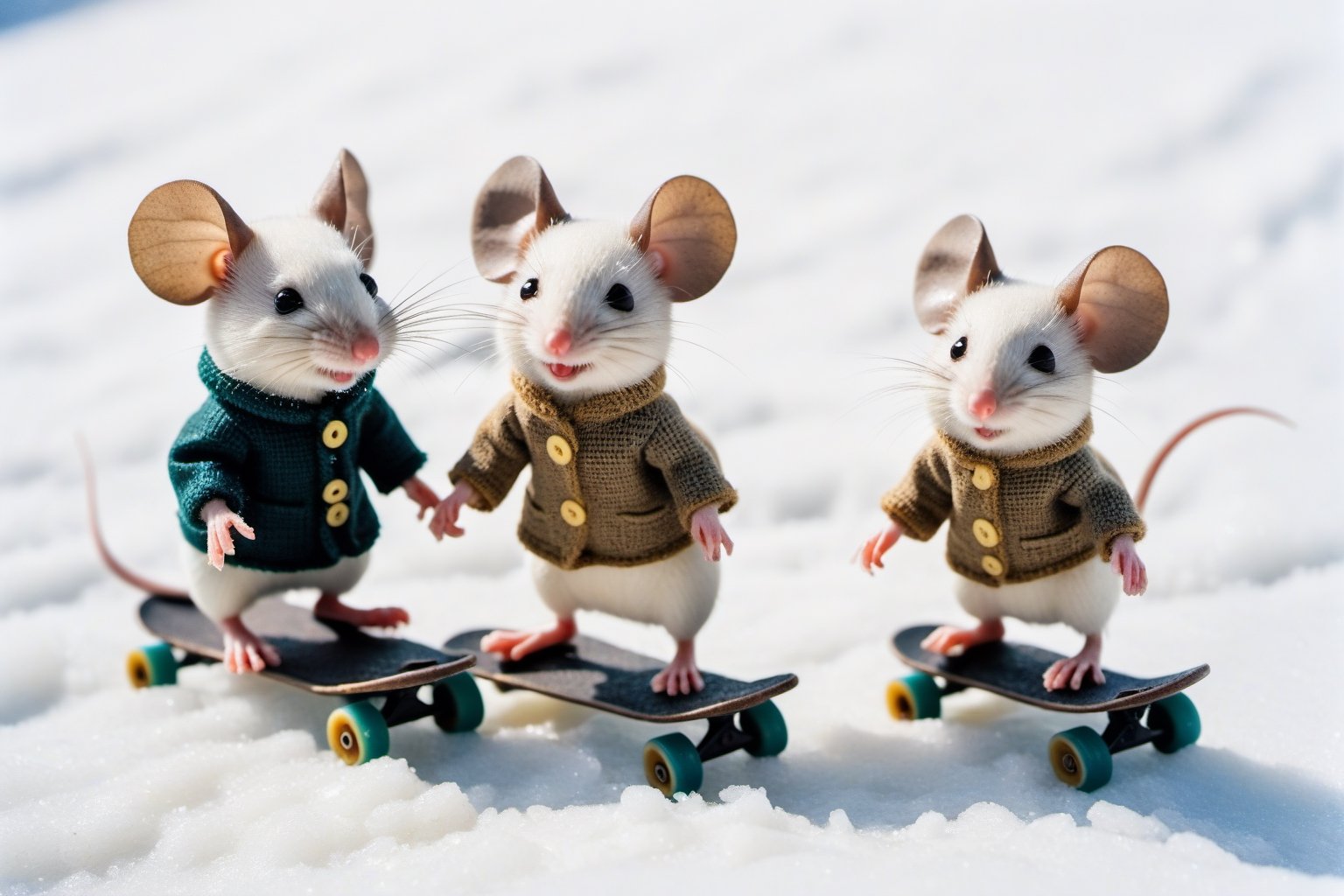 Vintage old photograph of two cute little mice made of rice skating in the snow. Canon 5d Mark 4, Kodak Ektar, 