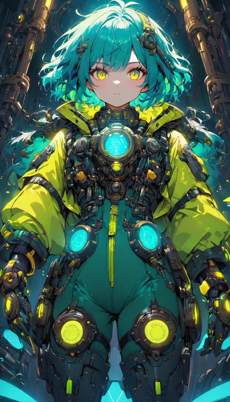 vibrant colors, female, masterpiece, sharp focus, best quality, depth of field, cinematic lighting, ((solo, one woman )), (illustration, 8k CG, extremely detailed), masterpiece, ultra-detailed, Kingdom of Mechanisms Hair Length: Short and shaggy Hair Color: Bright Cyan Eye color: Neon yellow Clothes: Engineer suit with metal parts, night vision goggles. This figure stood in the Clockwork Realm, with short, bright cyan hair that seemed to glow with electrical energy. Neon yellow eyes scrutinized the complex mechanisms and machines that populated the kingdom. He wore an engineer's suit with metal parts and night vision goggles, immersed in his work of creating and maintaining the kingdom's machines.