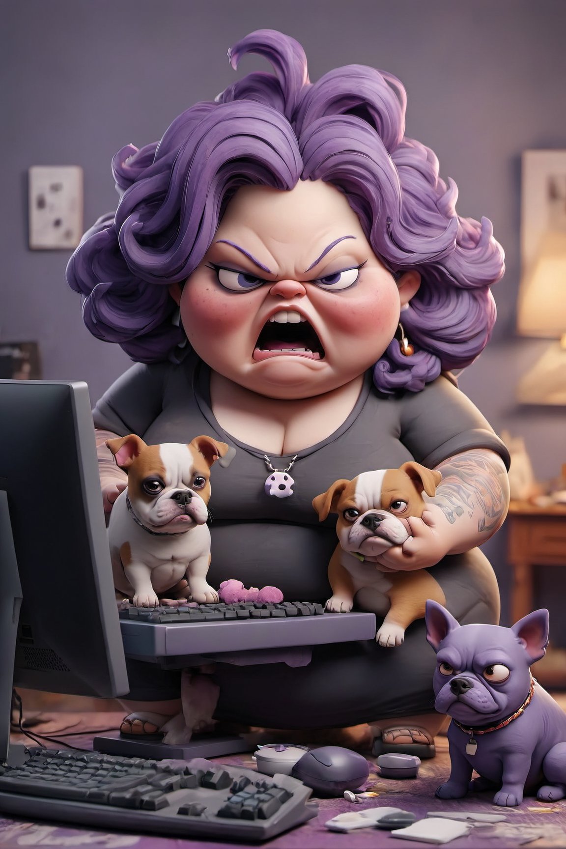 high quality
obese woman
ugly purple hair
with dogs
rabid

in a room with a computer