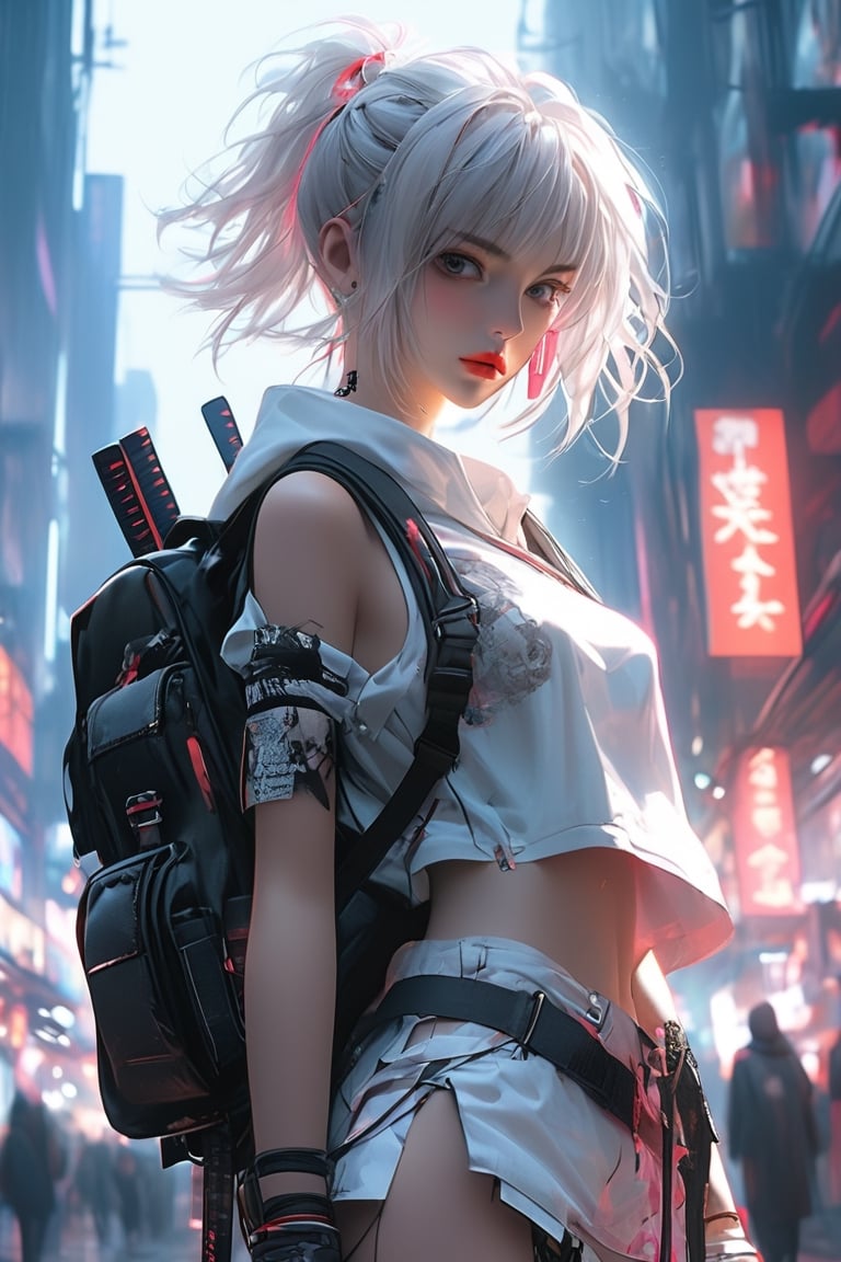 woman with a sword and a backpack, guweiz, badass anime 8 k, wearing sexy revealing japanese techwear, artwork in the style of guweiz, anime style 4 k, e-girl, e - girl, cyberpunk streetwear, from arknights, anime style. 8k, digital cyberpunk anime art, short white hair, asymmetrical bangs, insanely detailed face and eyes, Perfect lips, (Full body photo), dramatic, cinematic lighting, fine expression, fine detail, cyberpunk art, illustration, masterpiece, drawing, anime art, in the style of Yusuke Murata. extremely high-resolution details, photographic, realism pushed to extreme, fine texture, incredibly lifelike, score_9
