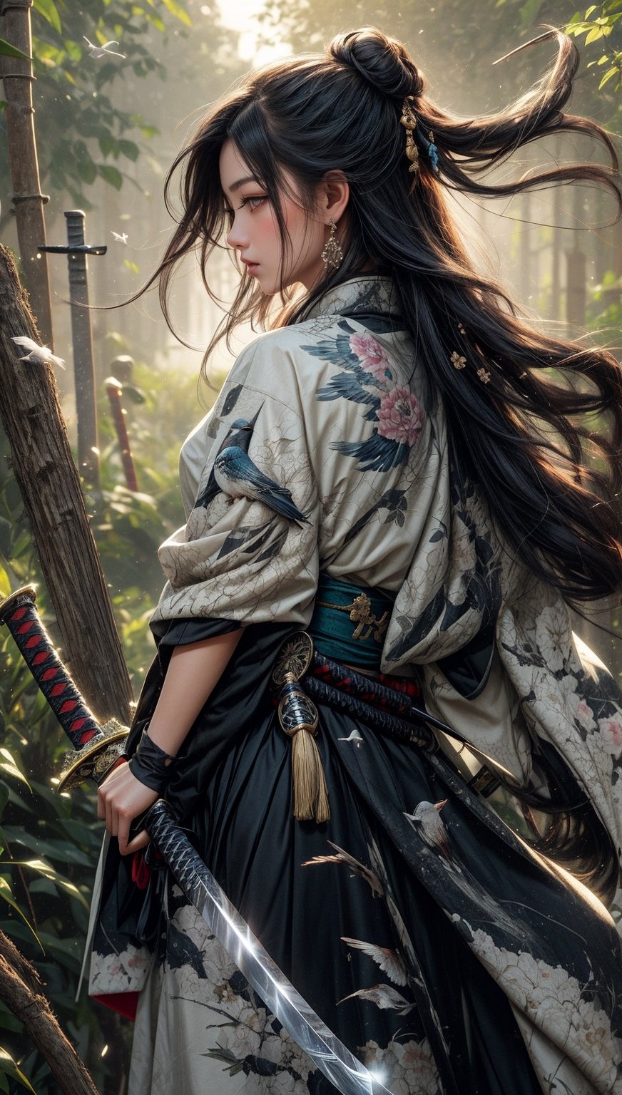 1girl, solo, long hair, black hair, holding, jewelry, closed mouth, standing, weapon, earrings, outdoors, japanese clothes, sword, hair bun, holding weapon, from side, profile, bird, holding sword, katana, wind, sheath