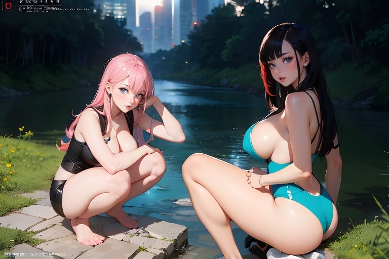 2 cute cat girls were playing in the water by the river, squatting or sitting. 
(long multi-colored hair, bangs), looking at the viewer, (obviously non-black eyes), long eyebrows, soft makeup, ombre lips, (huge breasts), plump body, long straight legs, sweet, Finger Detailed, Background Detailed, Ambient Lighting, Extremely Detailed, Cinematic Shots, Realistic Illustrations, Masterpiece, Perfect Skin,

Sun exposure, outdoor, quiet, normal feet, no redundant text and watermarks, normal legs crossed, normal feet, normal nipples, normal body, normal limbs, normal ass, beauty, masterpiece, real, realistic, cyberpunk ,鄰家女孩,cyber punk,Fusion monster,creature