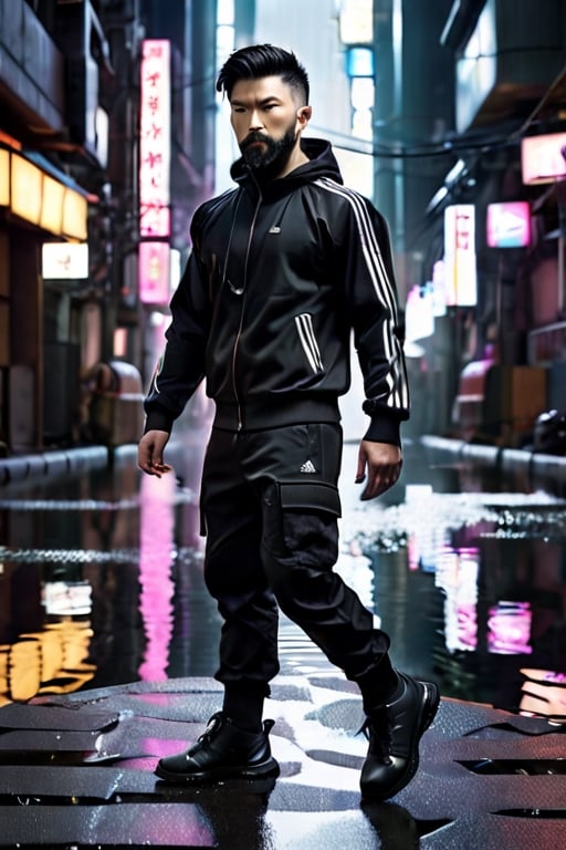  dystopian mega city, an accurate and detailed full-body shot of a male superhero character, thirty years old, Japanese, black short hair, black adidas tracksuit with tactical elements, thin, short beard, cyberpunk style, dark cargo jeans, black combat boots, Air flow, water flow, Scenes illuminated by dramatic lighting, highlighting the symmetrical beauty of the scene. displaying an elegant posture, The entire scene is captured with a wide-angle lens, creating a 12K raw photo sense of epic scale. Exquisitely perfect symmetric very gorgeous face, Exquisite delicate crystal clear skin, Detailed beautiful japan eyes, perfect slim body, slender and beautiful fingers, nice hands, perfect hands carry a mobile phone,
,r1ge,lighting
