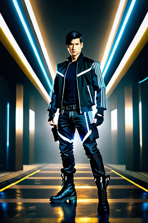 an accurate and detailed full-body shot of a male superhero character, thirty years old, japan male, black short hair, black adidas tracksuit with tactical elements, thin, short beard, cyberpunk style, dark cargo jeans and black combat boots, Air flow, water flow, Scenes illuminated by dramatic lighting. displaying an elegant posture, The entire scene is captured with a wide-angle lens, creating a 12K raw photo sense of epic scale. Exquisitely perfect symmetric very gorgeous face, Exquisite delicate crystal clear skin, perfect slim body, slender and beautiful fingers, nice hands, perfect hands carry a mobile phone, (masterpiece), best quality, extreme detailed, intricate, futuristic, cables, energy ligthing
,r1ge,lighting,raidenmgr,1boy,1guy,LegendDarkFantasy,Beautiful Eyes