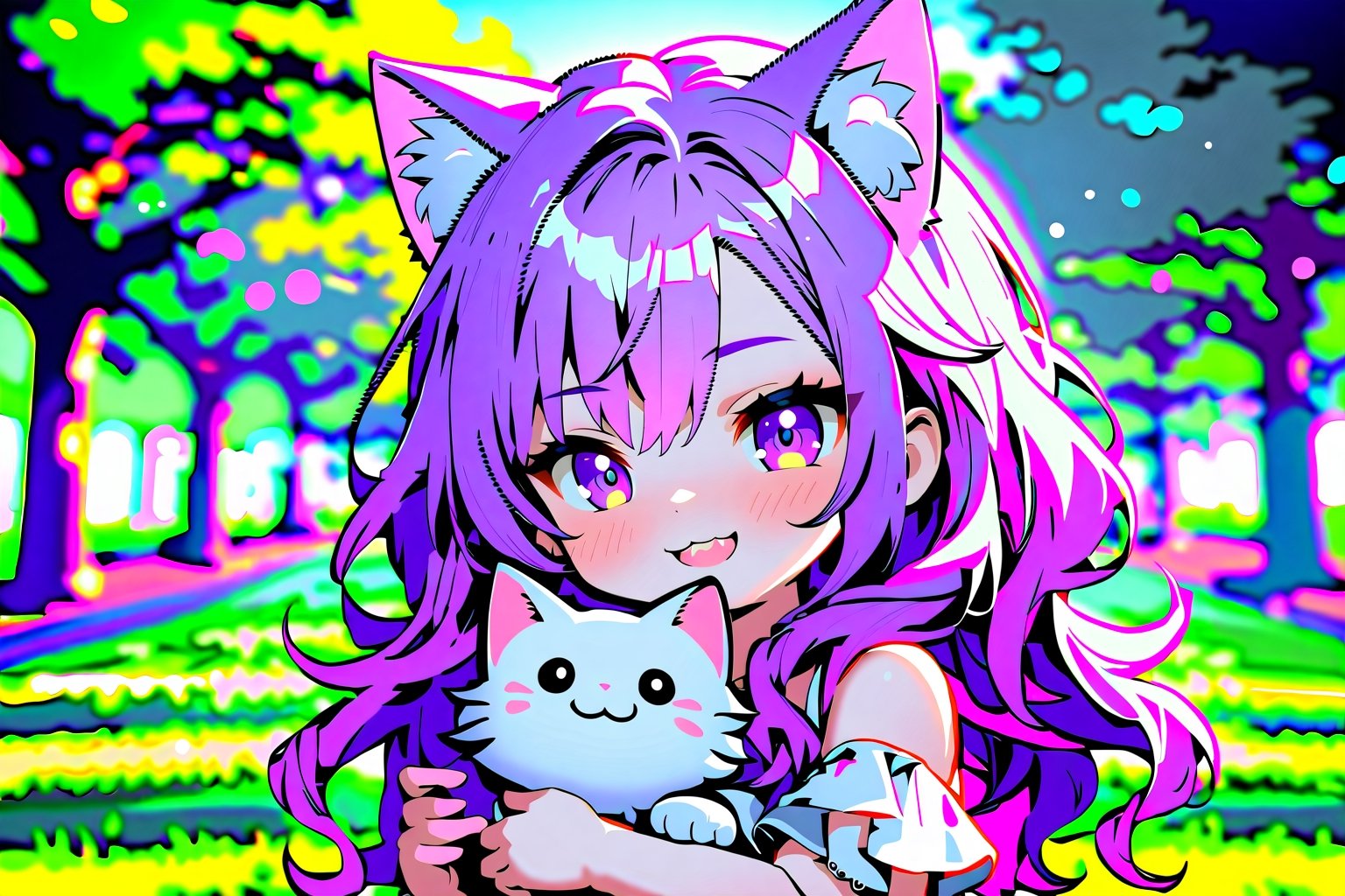 Highly detailed, high quality, masterpiece, beautiful, purple hair, long hair : 1. 2, smiling, holding a fluffy cat, chibi, 1 girl, white dress, kid, cute, wavy hair, kawaii, cat ears, playing in park

