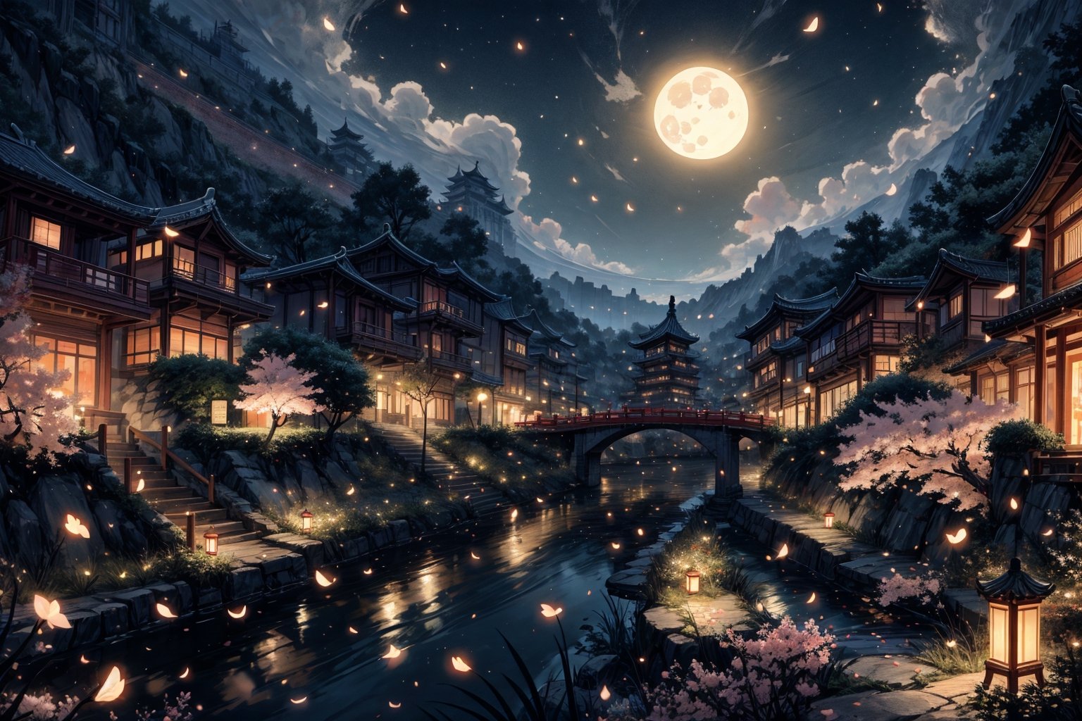 High quality, Masterpiece, Extreme Detailed, an ancient imperial Chinese fantasy city, blooming cherry trees, a river that runs through the city, falling cherry petals, the city illuminated by lights on a full moon night, panoramic view of the city