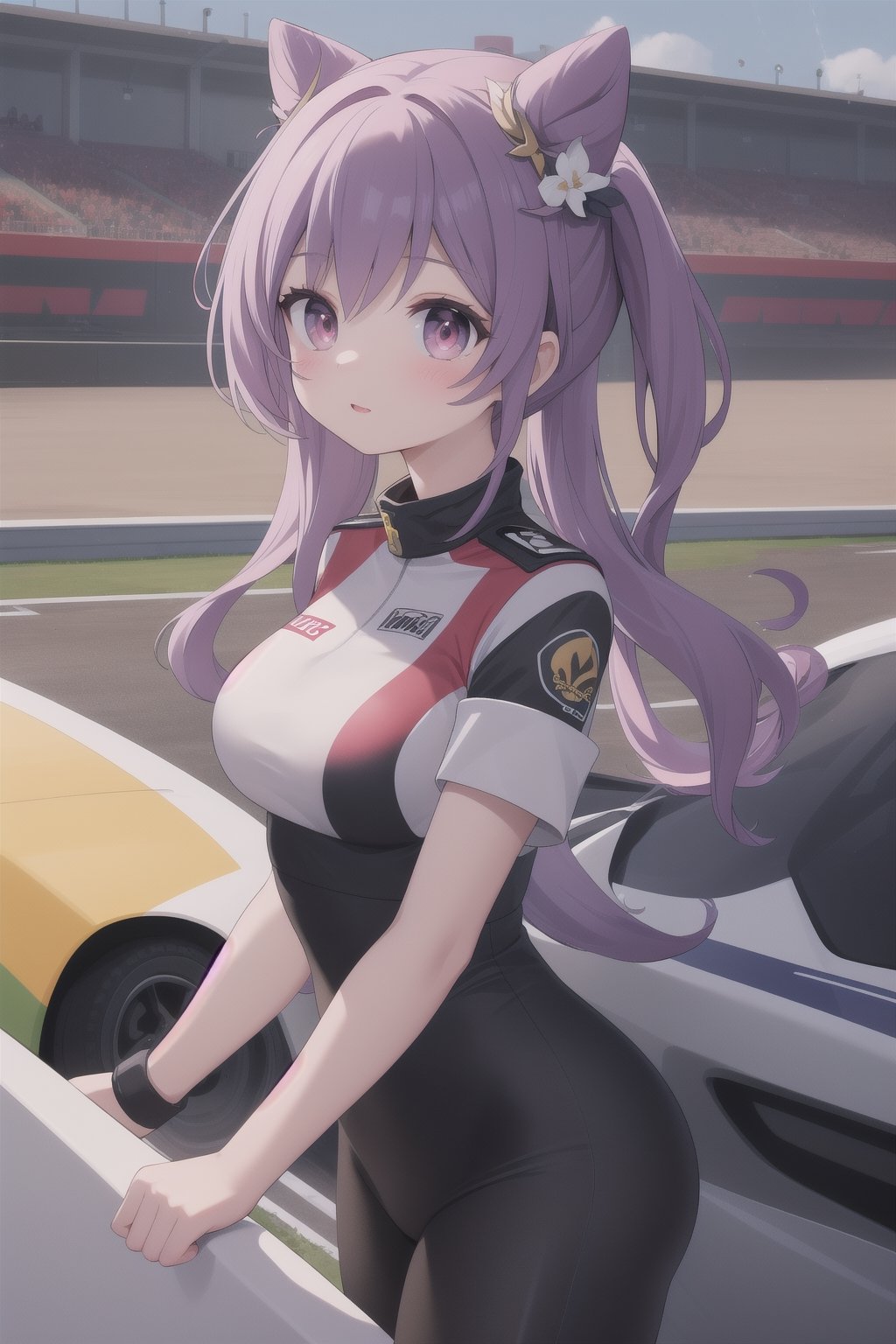 keqingdef, (masterpiece), best quality, HDR, ultra_hd, high resolution, highly detailed, detailed background, perfect lighting, perfect shadows, cute, 8k, depth_of_field, gorgeous light and shadow, ruby eyes, race pilot, car racing, race track, 