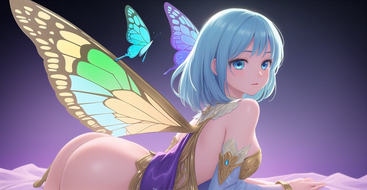 (masterpiece), (top quality), (super detailed)), (high resolution), (very detailed CG illustration), (very delicate and beautiful)), (sharp focus), cinematic light, amazing fantasy art, mythical fantasy, dream, ((rainbow)), fairy tale, mystical and magical power, one girl, positive, beautiful face, detailed and perfect face, (transparent beautiful) rainbow colored butterfly wings)), bright blue eyes, thin waist, big butt, butterfly wings, silk, exquisite embroidery, costume with subtle rainbow details, (((translucent rainbow feathers))), dream color, dynamic lighting, colorful magic birds, jewel-colored butterflies with a magical aura, the latest fantasy art, professional lighting to create depth and atmosphere (full moon on the background), (depth field: 1.3), blurry,